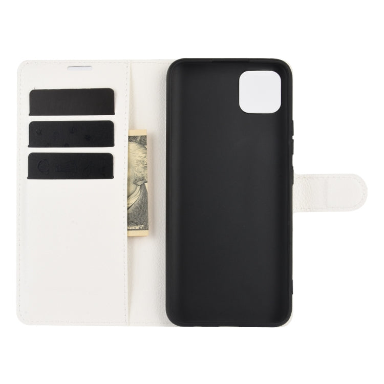 White wallet-style phone case with three card slots and interior pocket, back cover visible