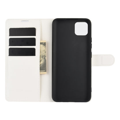 White wallet-style phone case with three card slots and interior pocket, back cover visible
