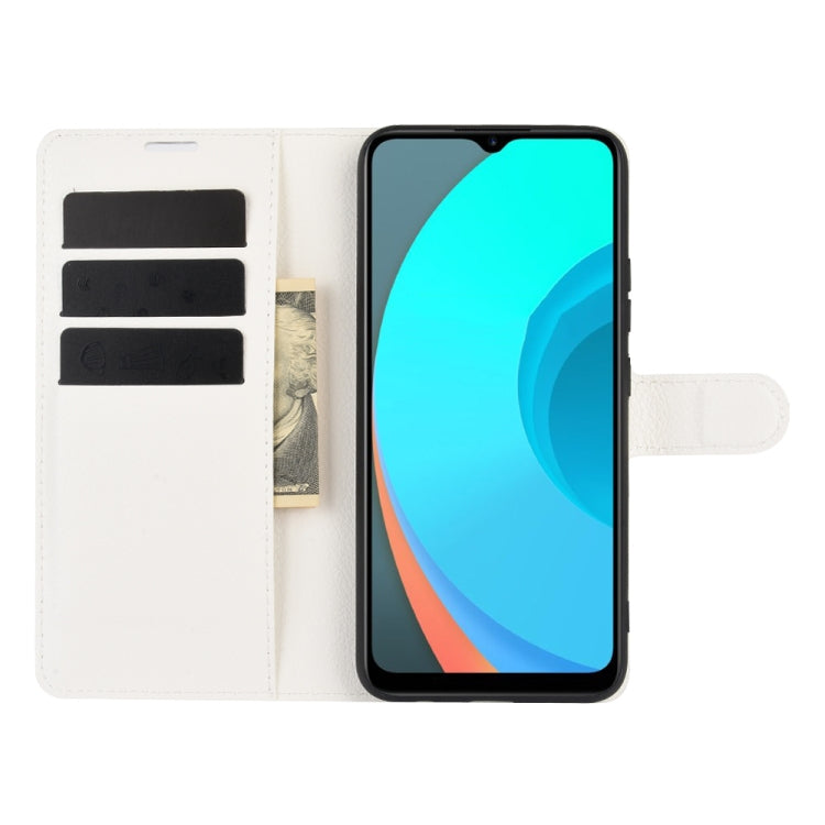 White flip phone case with phone screen visible, card slots on the fold and side strap