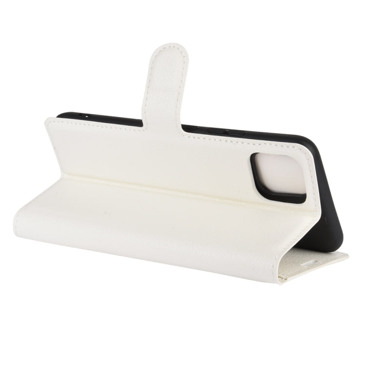 White folio phone case with flip cover and stand, side grip tab visible