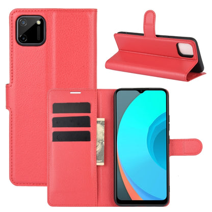 Red litchi texture flip phone wallet case with card slots and stand