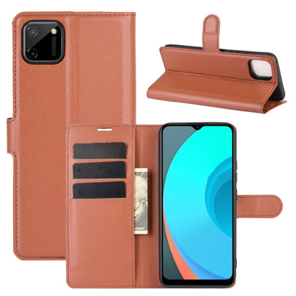 Brown litchi texture flip phone wallet case with card slots and stand