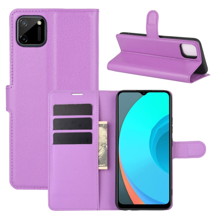 Purple litchi texture flip phone wallet case with card slots and kickstand