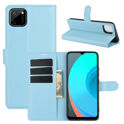 Light blue litchi texture flip phone wallet case with card slots and stand