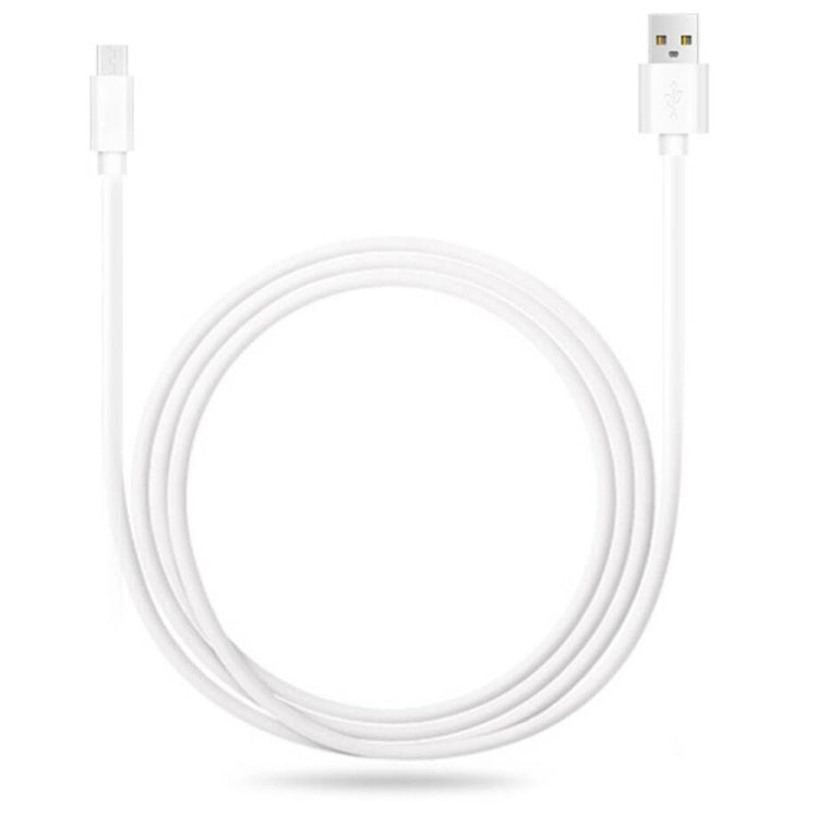 White USB-A to micro-USB charging cable, coiled cord with male connectors at both ends