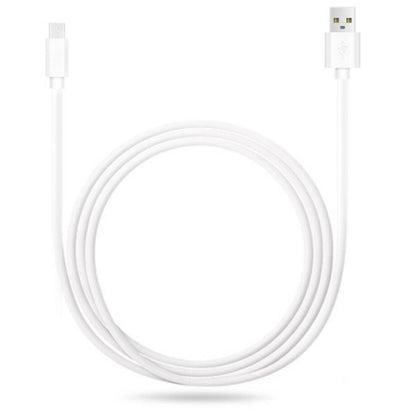 White USB-A to micro-USB charging cable, coiled cord with male connectors at both ends