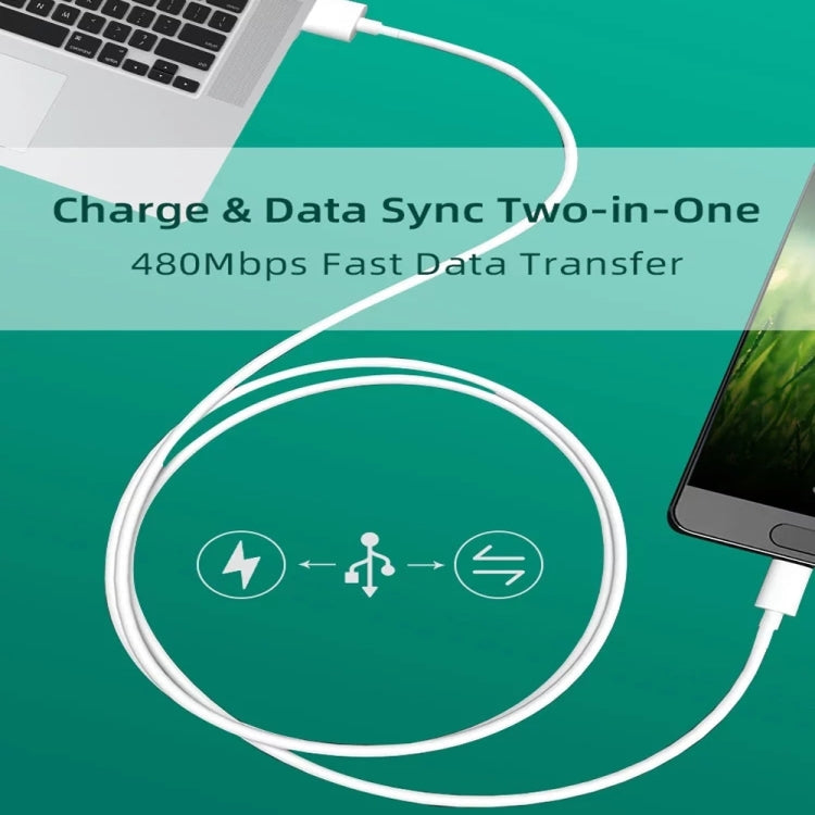 White USB-A to micro-USB charging cable connected to a computer and phone