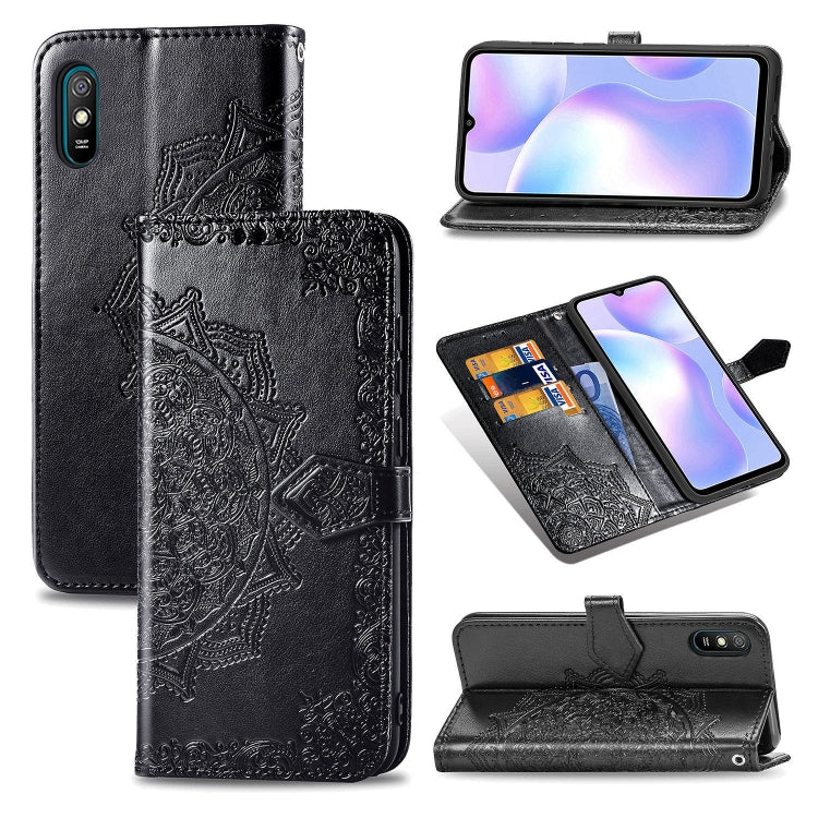 Black embossed flip leather phone case with card slot and fold-over wallet design