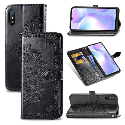 Black embossed flip leather phone case with card slot and fold-over wallet design