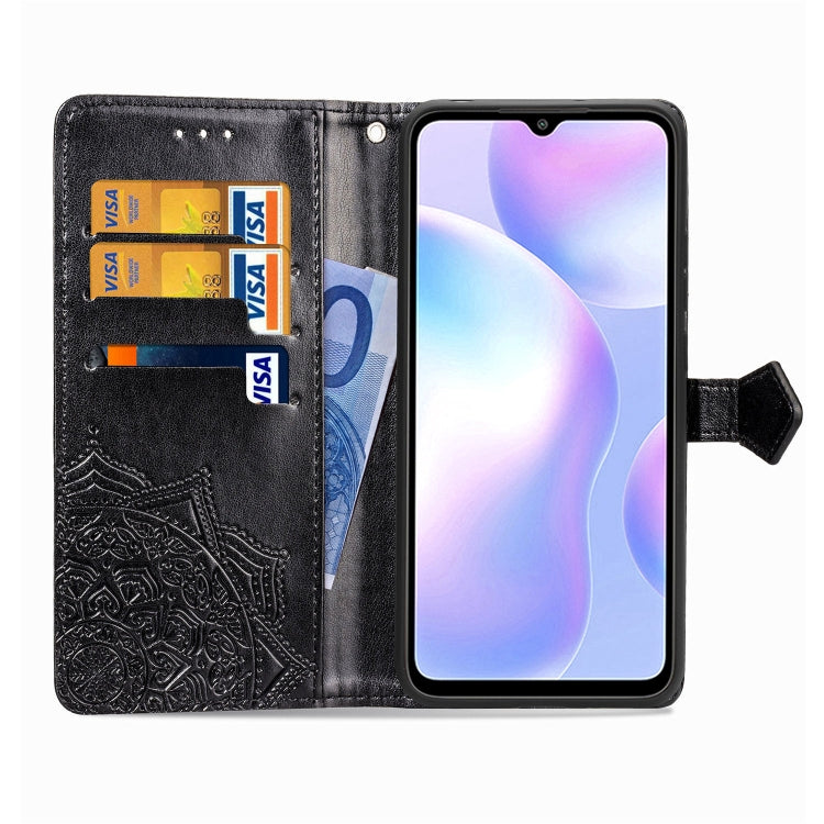 Black embossed flip leather phone case with card slots and transparent ID window