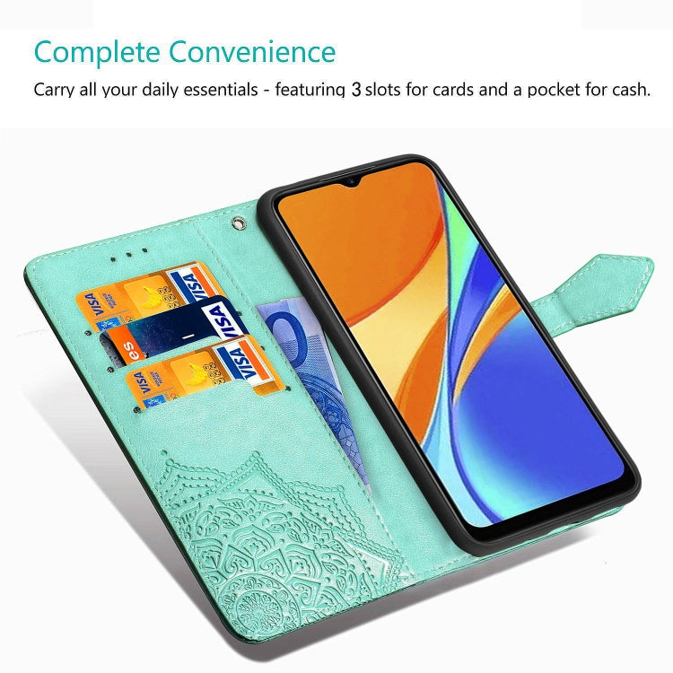 Teal embossed flip leather phone case with card slots and fold-over wallet cover
