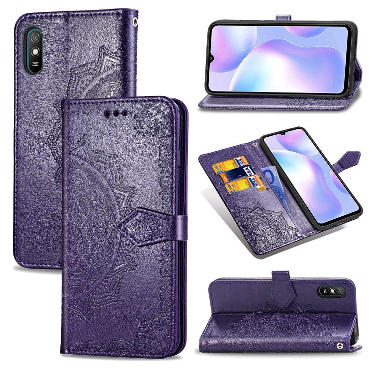 Purple embossed mandala leather flip wallet case with card slots and stand for phone