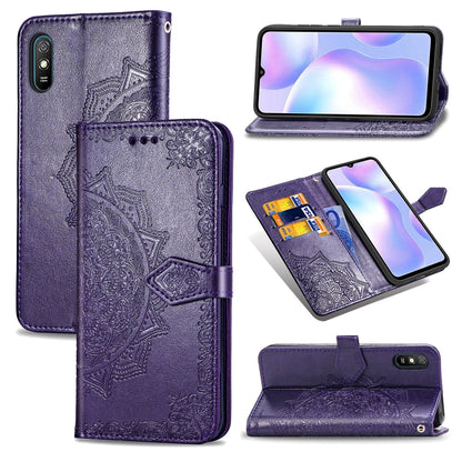 Purple embossed mandala leather flip wallet case with card slots and stand for phone