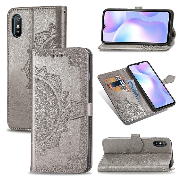Grey embossed mandala leather flip wallet case with card slots and stand for phone