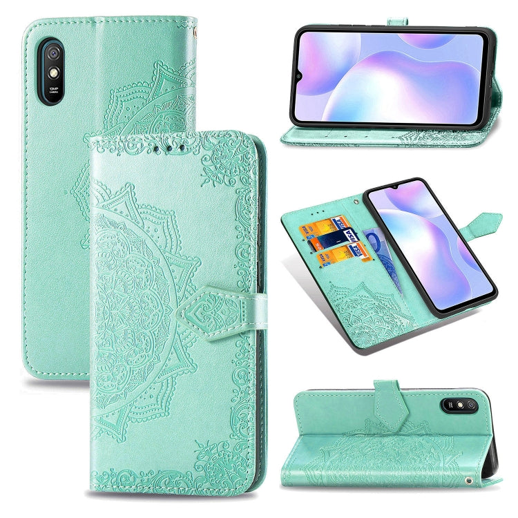 Mint green embossed mandala leather flip wallet case with card slots and stand for phone
