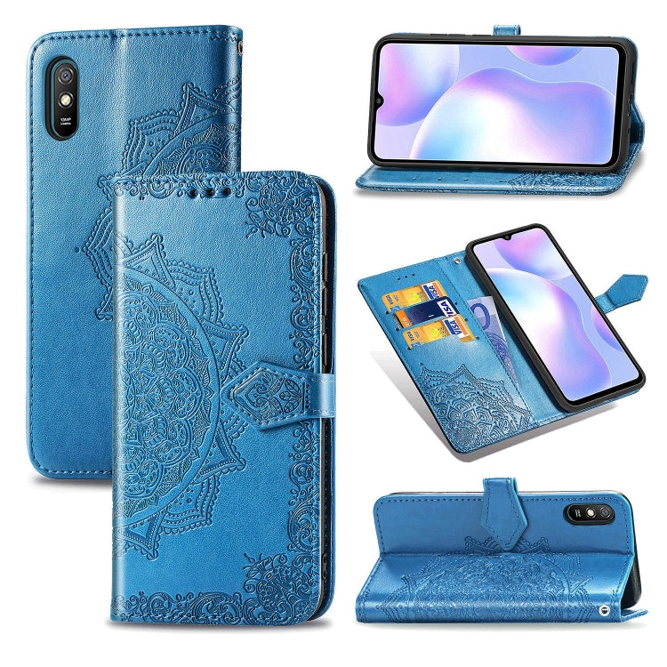 Blue embossed mandala leather flip wallet case with card slots and stand for phone