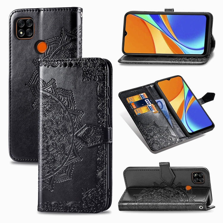 Black embossed mandala leather flip wallet case with card slots and stand for phone
