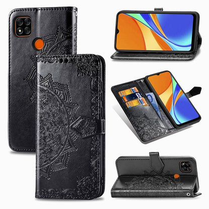 Black embossed mandala leather flip wallet case with card slots and stand for phone