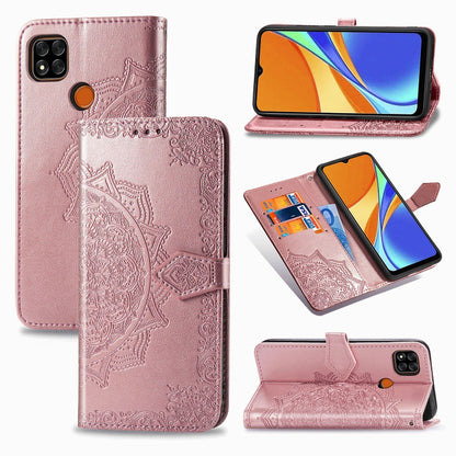 Rose pink embossed mandala leather flip wallet case with card slots and stand for phone