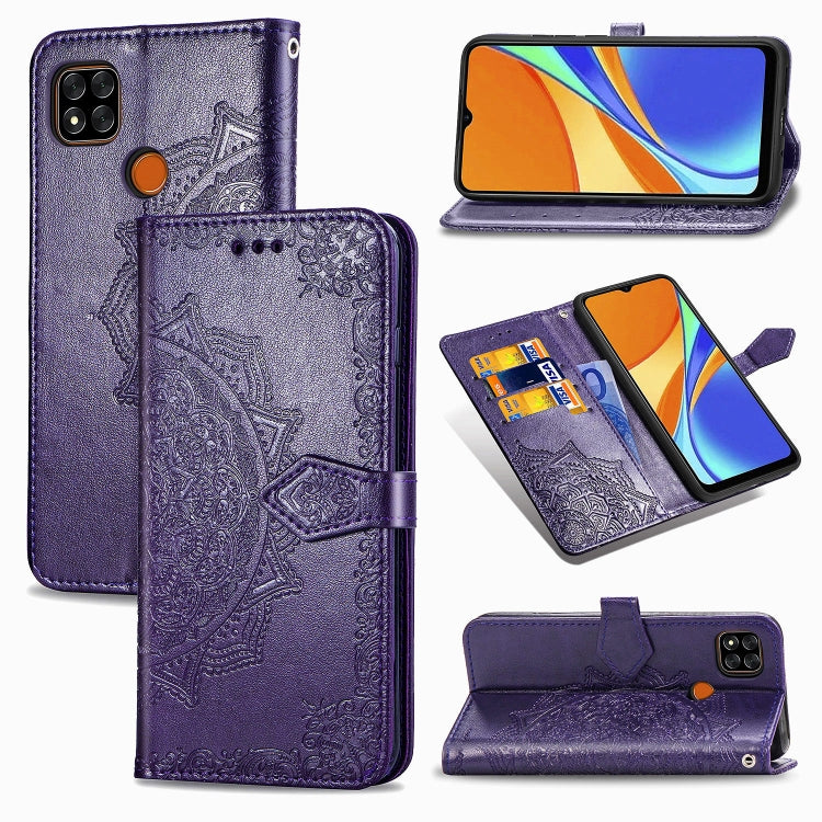 Purple embossed mandala leather flip wallet case with card slots and stand for phone