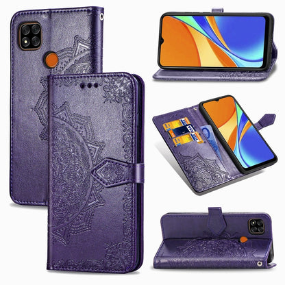 Purple embossed mandala leather flip wallet case with card slots and stand for phone