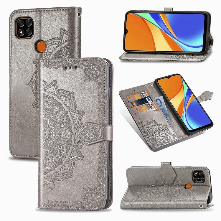 Grey embossed mandala leather flip wallet case with card slots and stand for phone