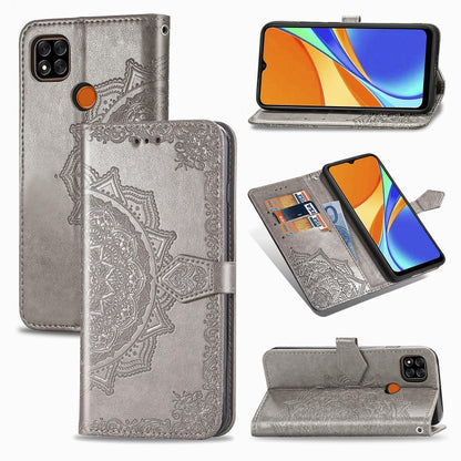 Grey embossed mandala leather flip wallet case with card slots and stand for phone