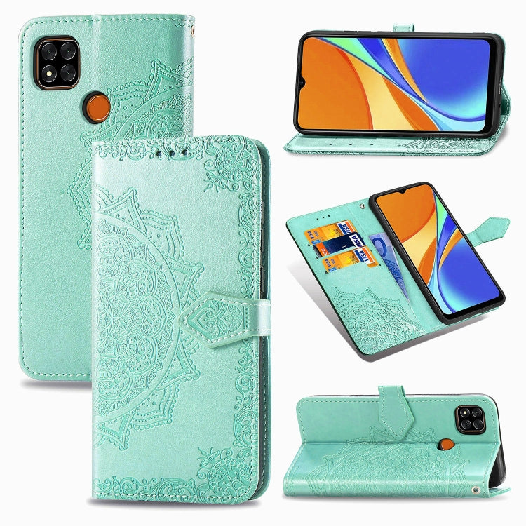 Mint green embossed mandala leather flip wallet case with card slots and stand for phone