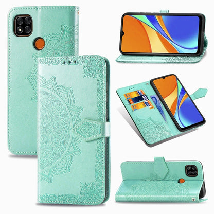 Mint green embossed mandala leather flip wallet case with card slots and stand for phone