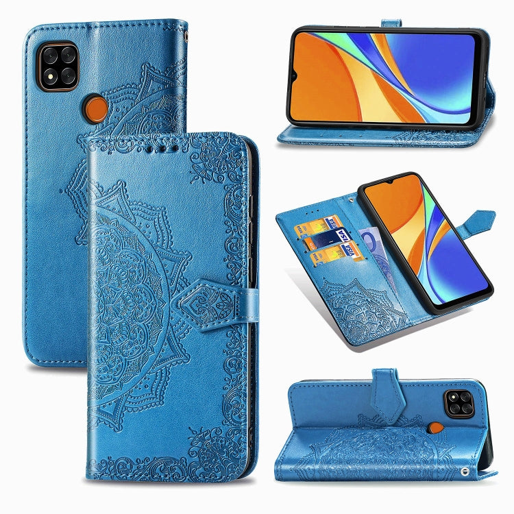 Blue embossed mandala leather flip wallet case with card slots and stand for phone