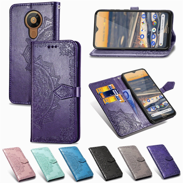 Purple mandala-embossed flip leather phone case with card slot and magnetic closure