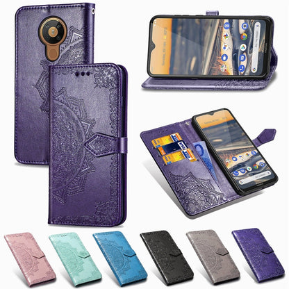 Purple mandala-embossed flip leather phone case with card slot and magnetic closure