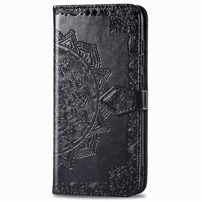 Black embossed leather-style flip case with mandala pattern and magnetic closure tab
