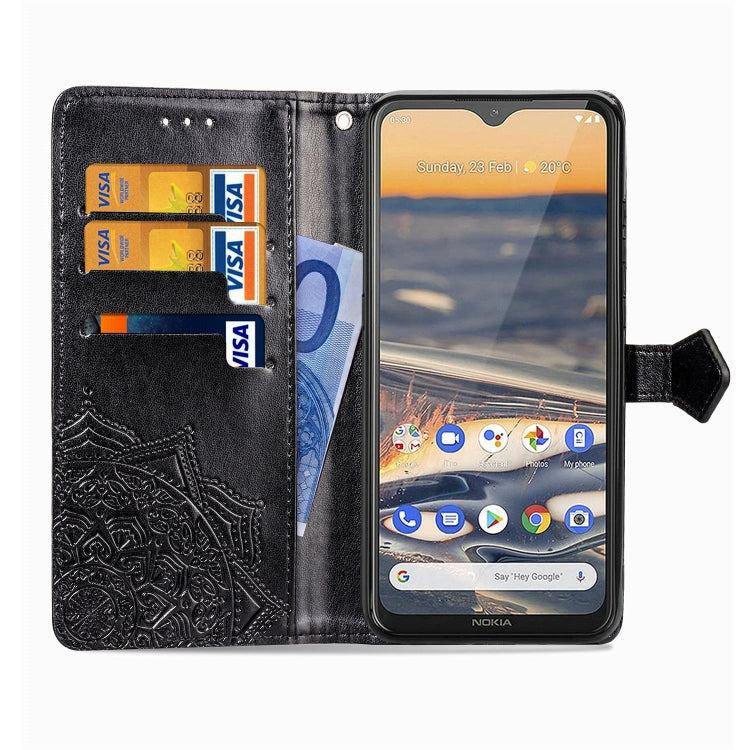 Black embossed folio flip case opened, showing card slots and phone screen window