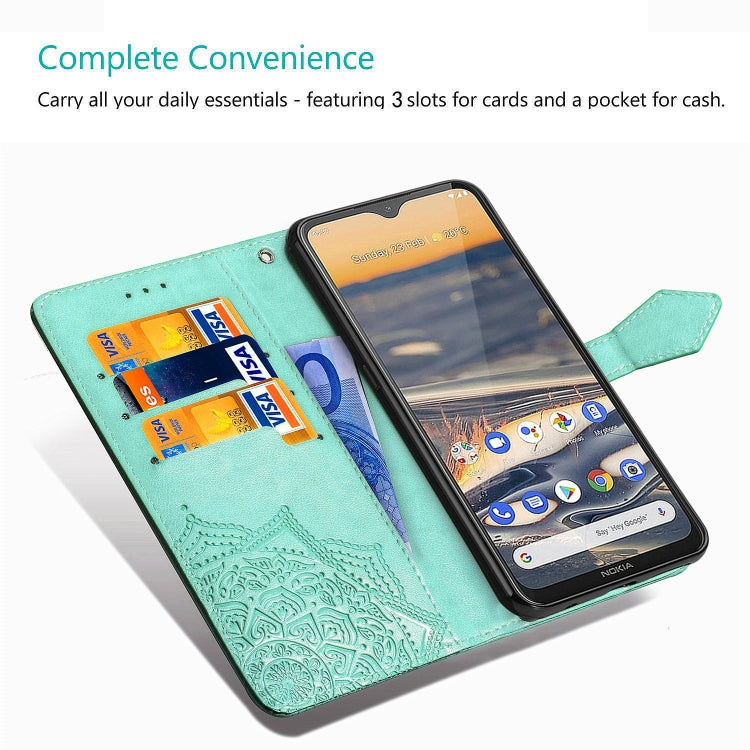 Aqua embossed leather-style flip wallet case with card slots and phone screen window