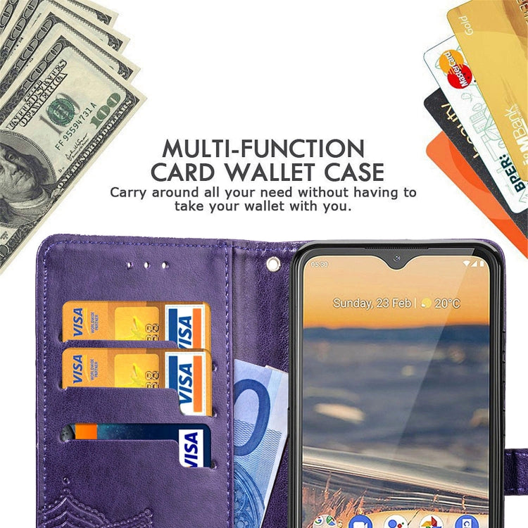 Purple embossed leather-style flip wallet case with card slots and open phone screen view
