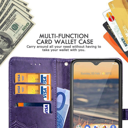 Purple embossed leather-style flip wallet case with card slots and open phone screen view
