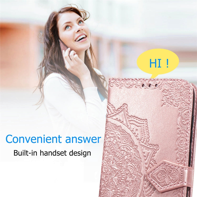 Rose gold embossed leather-style flip case with mandala pattern and side hand strap