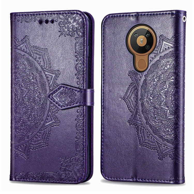 Dark purple mandala-embossed flip leather phone case with card slot and magnetic closure