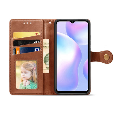 Brown leather phone wallet case with photo window and card slots; folio cover