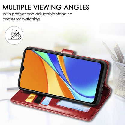 Red leather phone wallet case standing open for horizontal viewing