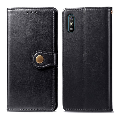 Brown leather phone wallet case with buckle strap closure and card slot; dual phone view.