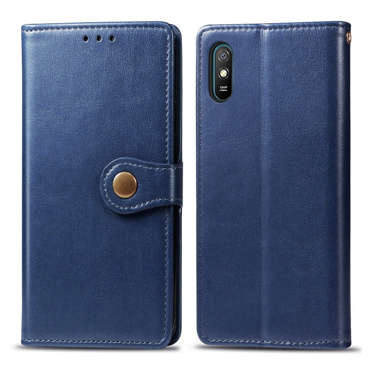 Blue leather phone wallet case with buckle strap closure and card slot; dual phone view.