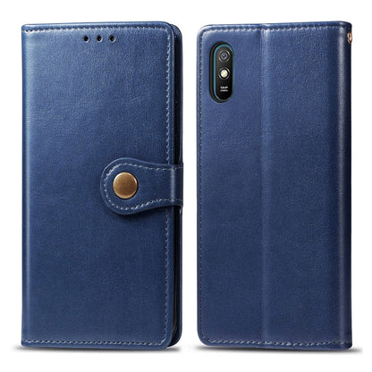 Blue leather phone wallet case with buckle strap closure and card slot; dual phone view.