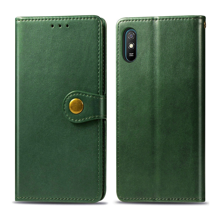 Green leather phone wallet case with buckle strap closure and card slot; dual phone view.