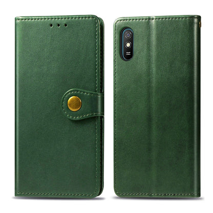 Green leather phone wallet case with buckle strap closure and card slot; dual phone view.