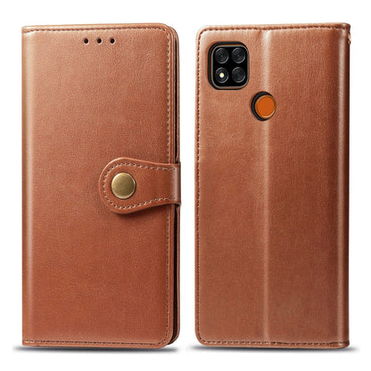 Tan leather phone wallet case with buckle strap closure and card slot; dual phone view.