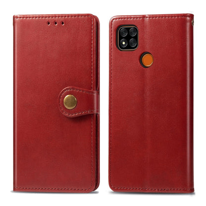 Red leather phone wallet case with buckle strap closure and card slot; rear camera cutout shown.