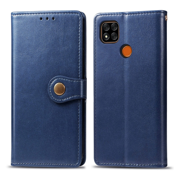 Blue leather phone wallet case with buckle strap closure and card slot; rear camera cutout shown.