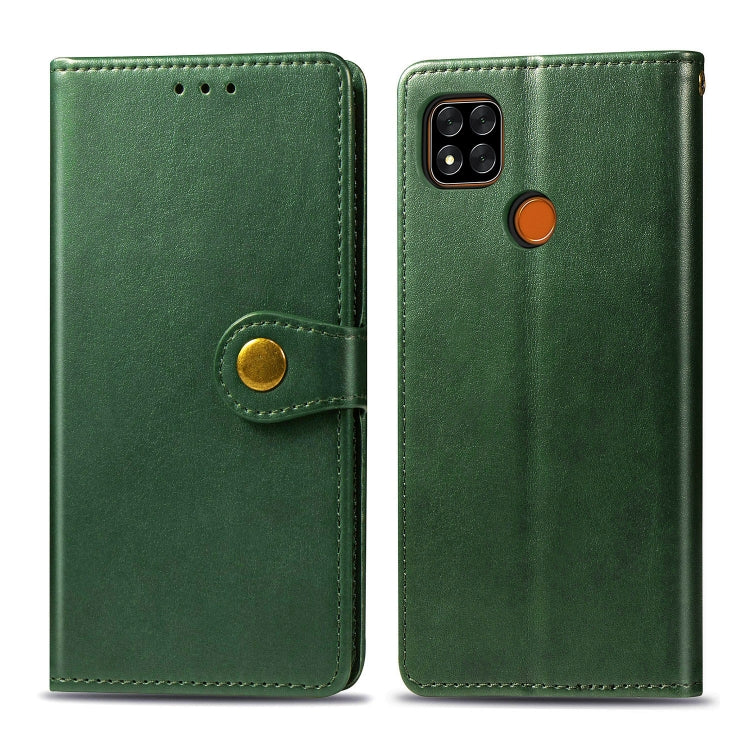 Green leather phone wallet case with buckle strap closure and card slot; rear camera cutout shown.